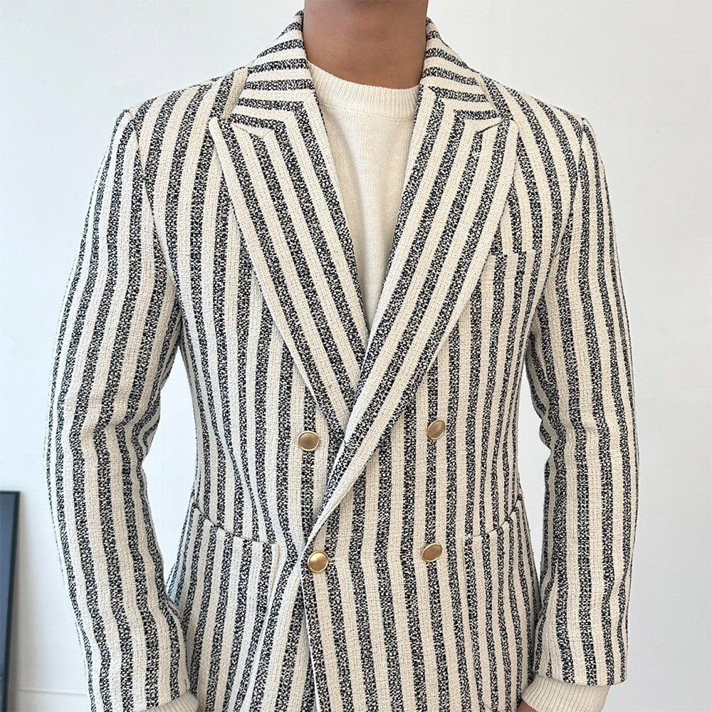 Gold-Buttoned Tweed Stripe Double JK (2color)