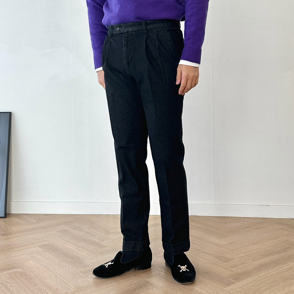 Classic Double Pleats Denim Trouser (2color)